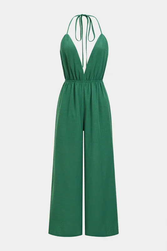 Halter Deep V-Neck Tie-Up Ruched Backless Sleeveless Jumpsuit made by Micas