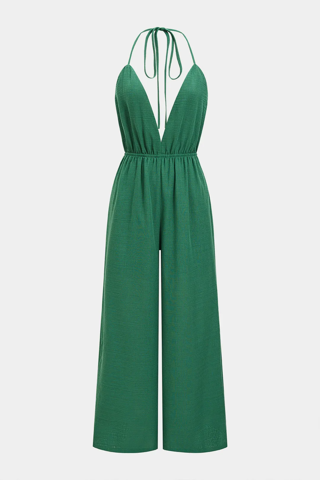 Halter Deep V-Neck Tie-Up Ruched Backless Sleeveless Jumpsuit sold by Micas