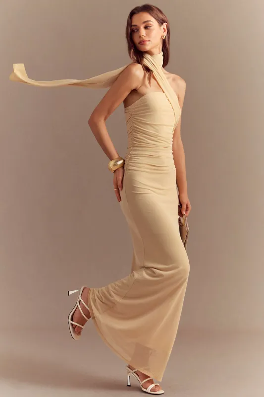 Mesh Ruched Strapless Sleeveless Maxi Dress With Scarf made by Micas