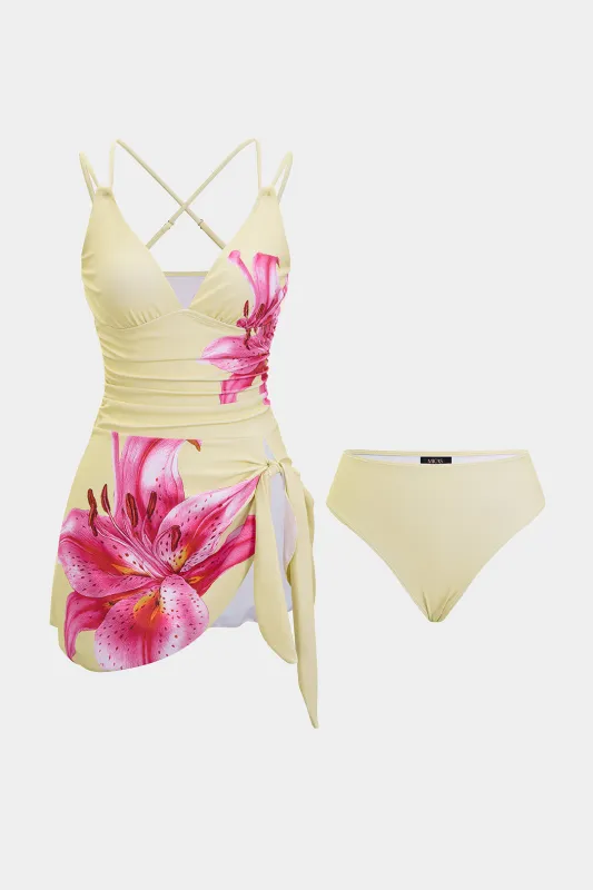 Floral Print V-Neck Crossed Tie-Up Backelss Bikini Set made by Micas