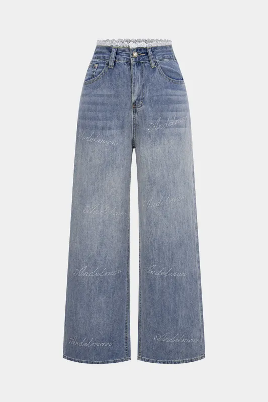 Denim Patchwork Lace Trim Rhinestone High Waist Straight Leg Jeans made by Micas