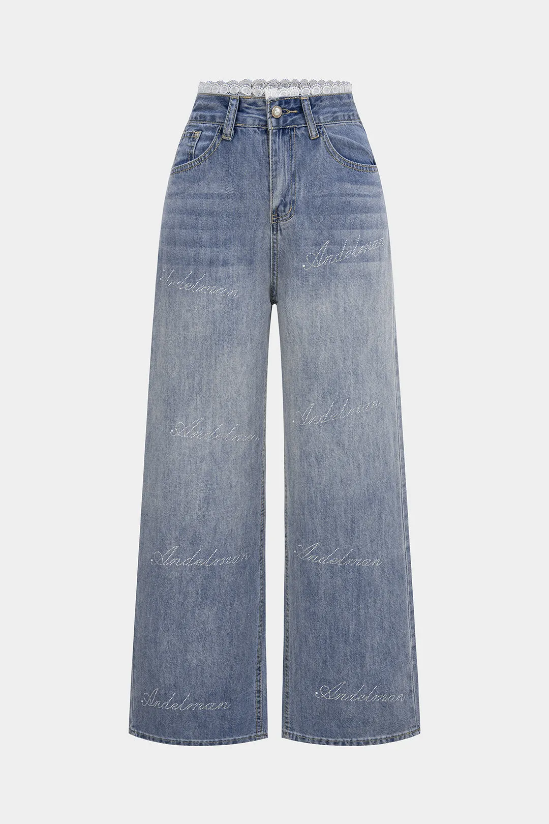 Denim Patchwork Lace Trim Rhinestone High Waist Straight Leg Jeans sold by Micas
