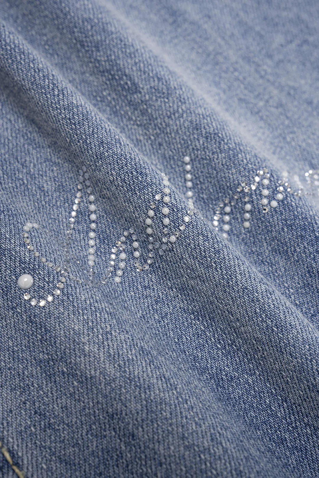 Denim Patchwork Lace Trim Rhinestone High Waist Straight Leg Jeans sold by Micas product image thumbnail 4