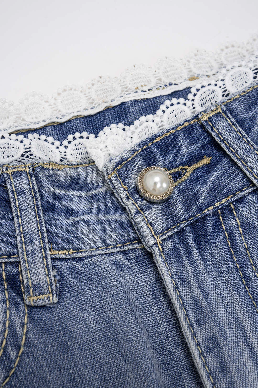 Denim Patchwork Lace Trim Rhinestone High Waist Straight Leg Jeans sold by Micas product image thumbnail 3