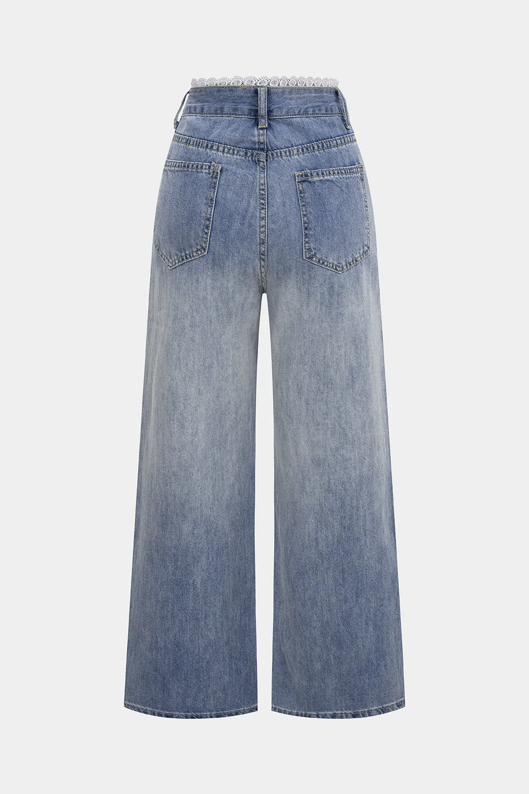 Denim Patchwork Lace Trim Rhinestone High Waist Straight Leg Jeans sold by Micas product image thumbnail 2