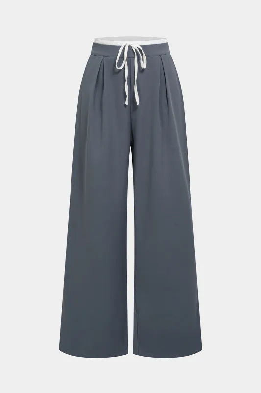 Contrast Double Waistband Drawstring Wide Leg Pants made by Micas