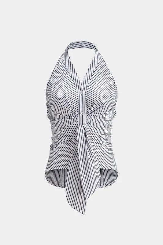 Stripes Print Halter V-Neck Tie-Up Tank Top made by Micas