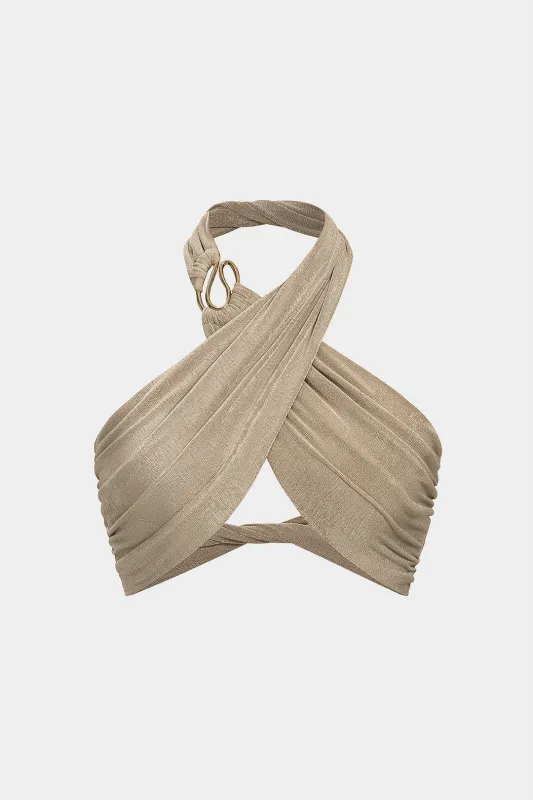 Crossed Ruched Twist Knot Halter Sleeveless Top made by Micas