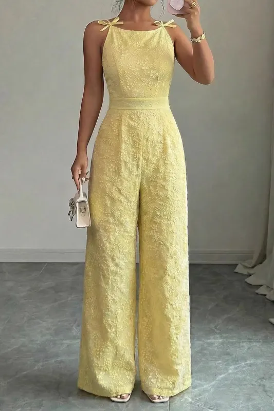 Foral Textured Round Neck Bow Sleeveless Jumpsuit made by Micas