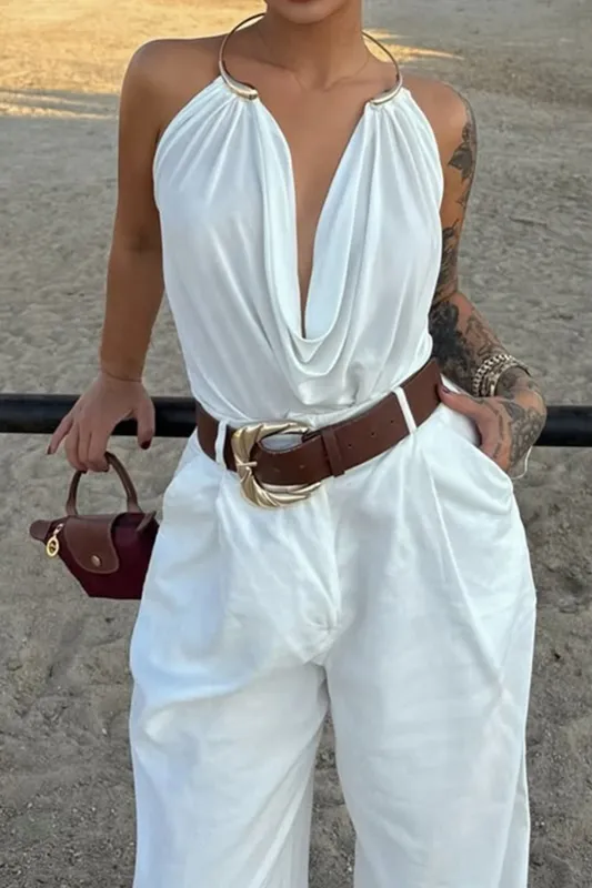 Draped Cowl Halter Neck Metallic Backless Tank Top made by Micas