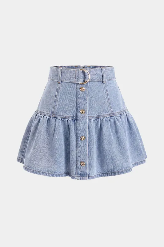 Denim Belted Button Ruched Skirt made by Micas