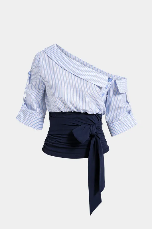 Patchwork Tie-Up One Shoulder Short-Sleeve Shirt made by Micas