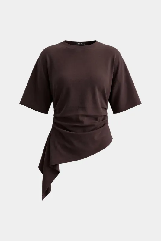 Round Neck Asymmetrical Hem Ruched Short Sleeve T-Shirt made by Micas