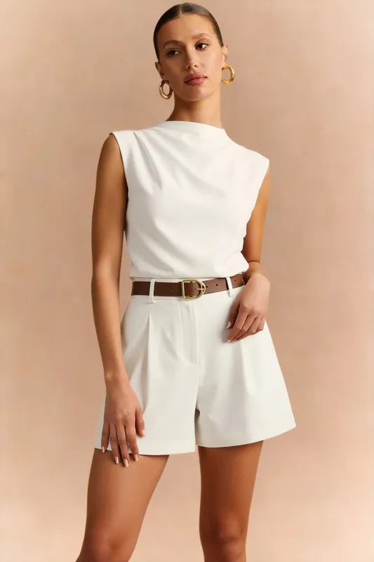 Solid Ruched Tank Top And Belted Wide Leg Shorts Set made by Micas