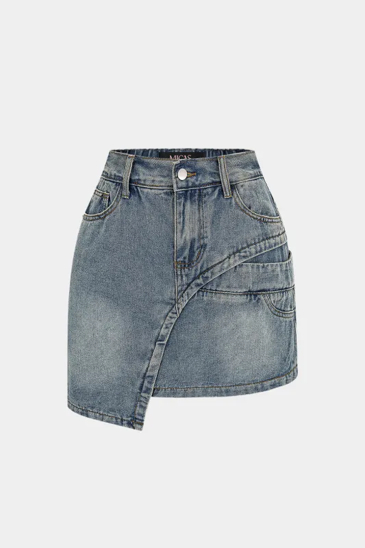 Denim Asymmetrical Pocket Skirt made by Micas