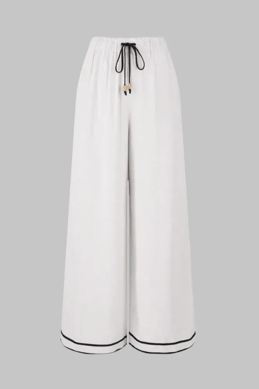 Contrast Linen Beaded Drawstring Wide Leg Pants made by Micas