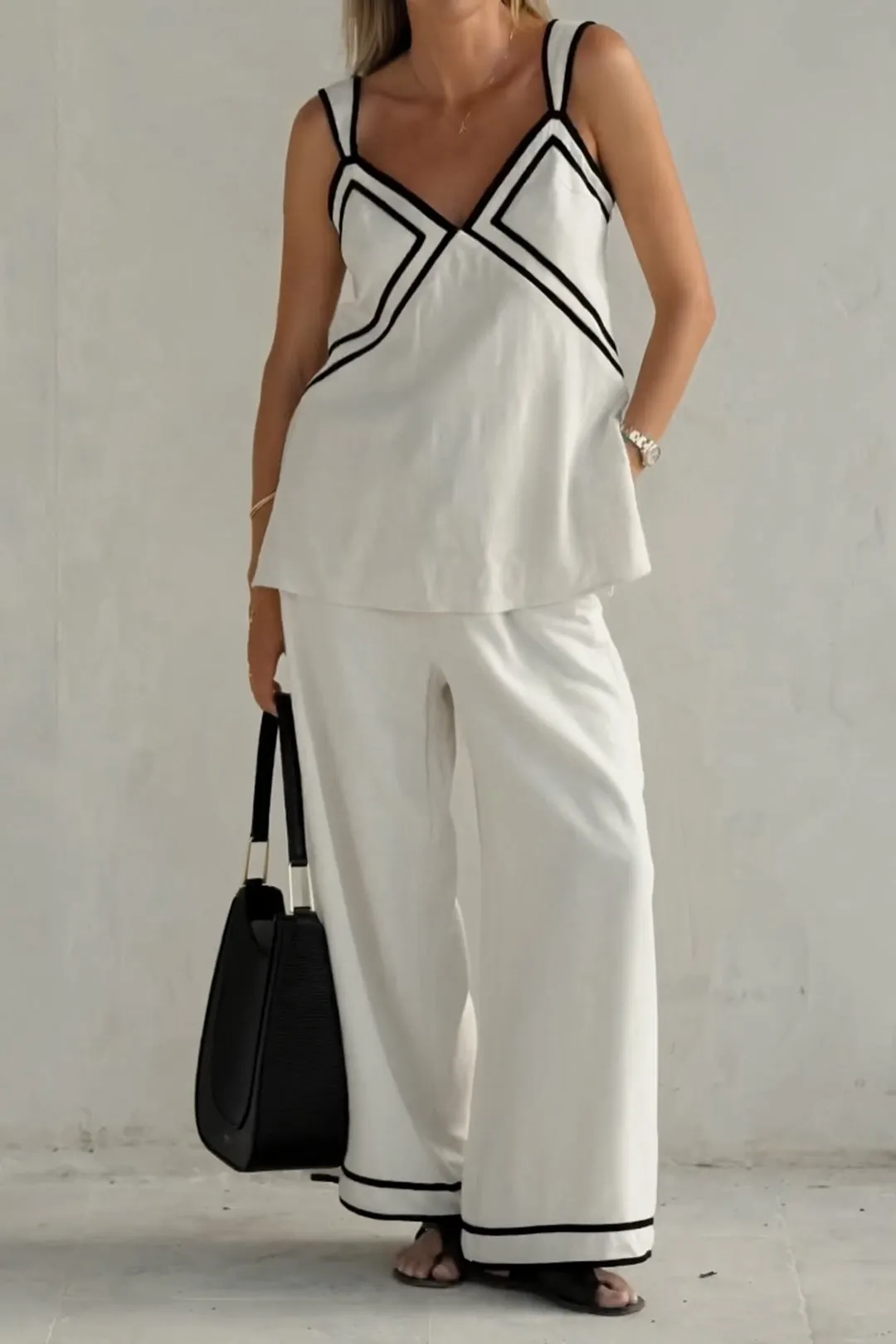 Contrast Linen Beaded Drawstring Wide Leg Pants sold by Micas product image thumbnail 3