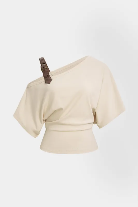 Asymmetrical Faux Leather Buckle One Shoulder Short Sleeve Top made by Micas