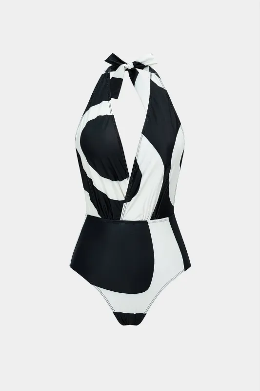 Geometric Contrast Print Tie-Up V-Neck Bikini Top made by Micas