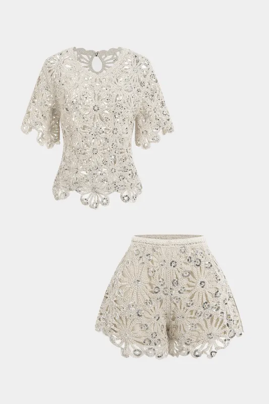 Embroidery Sequin Round Neck Short Sleeve Top And Wide Leg Shorts Set made by Micas