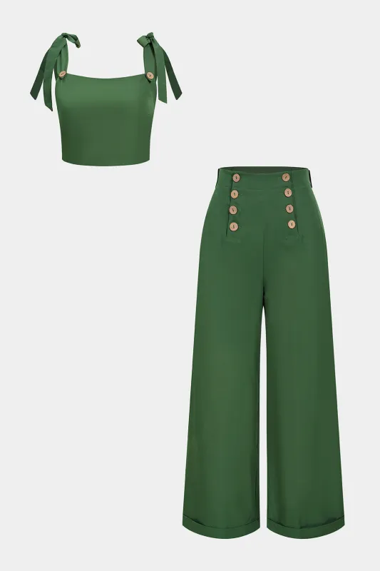 Tie-Up Button Smocked Cami Top And High Waist Wide Leg Pants Set made by Micas