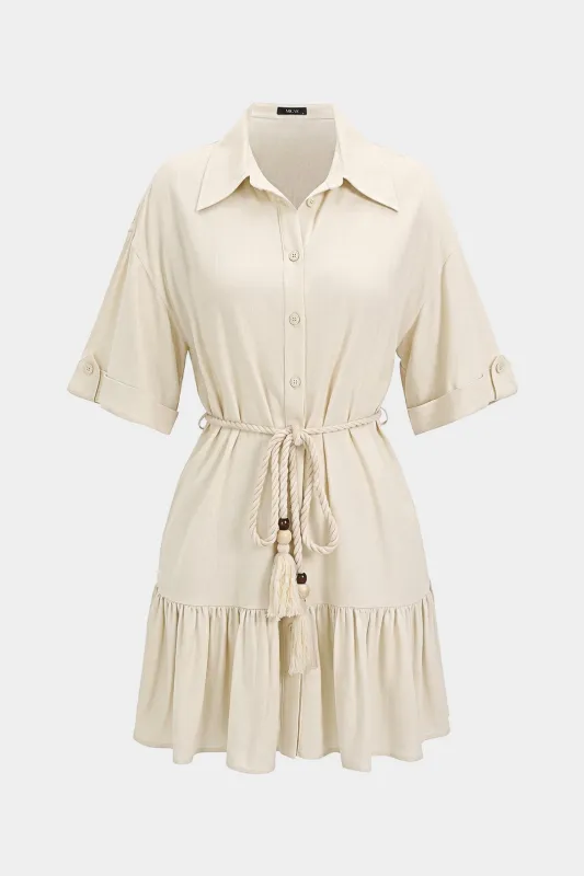 Linen Lapel Belted Button Ruched Short Sleeve Mini Dress made by Micas