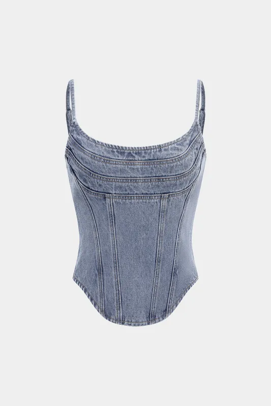 Denim Round Neck Seamdetail Zipper Top made by Micas