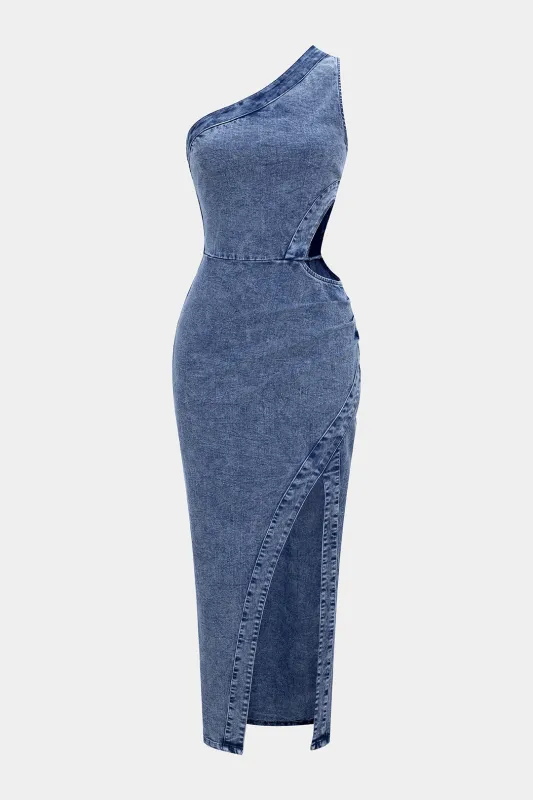 Denim One Shoulder Cut Out Asymmetrical Slit Zipper Dress made by Micas
