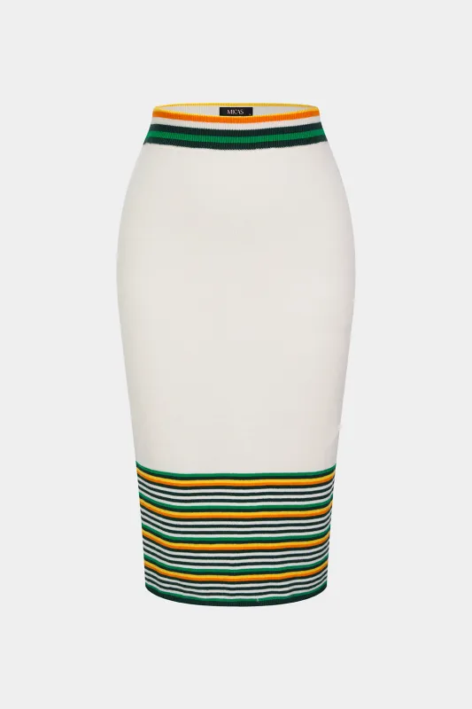 Knit Stripes Contrast Print Slit Skirt made by Micas