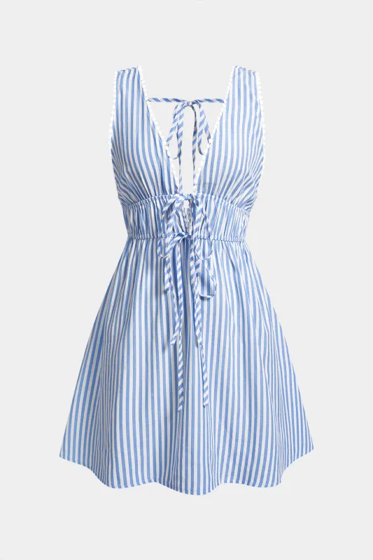 Stripe Print V-Neck Tie-Up Backless Sleeveless Mini Dress made by Micas