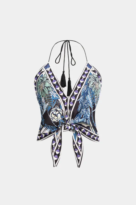 Geometric Leaves Print Halter V-Neck Tie-Up Cami Top made by Micas
