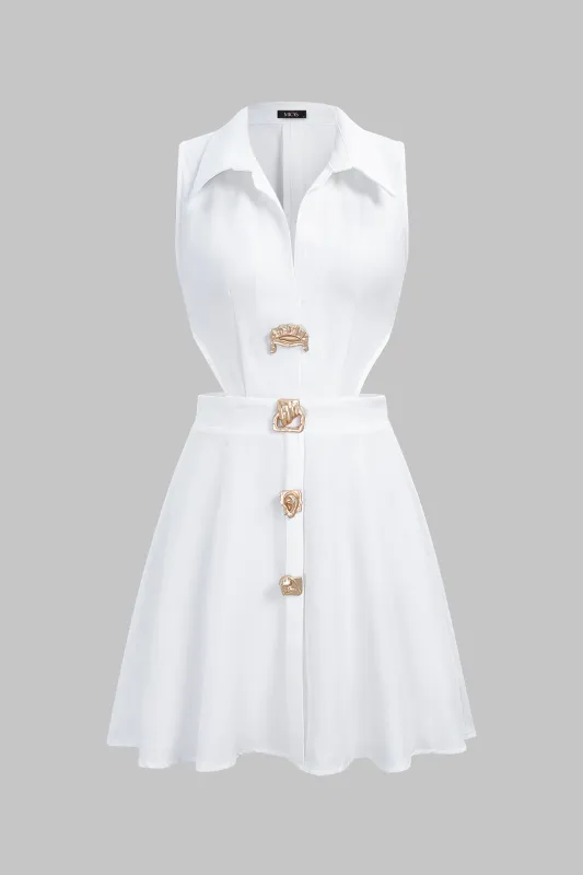 Lapel Metallic Irregular Button Cut Out Sleeveless Mini Dress made by Micas