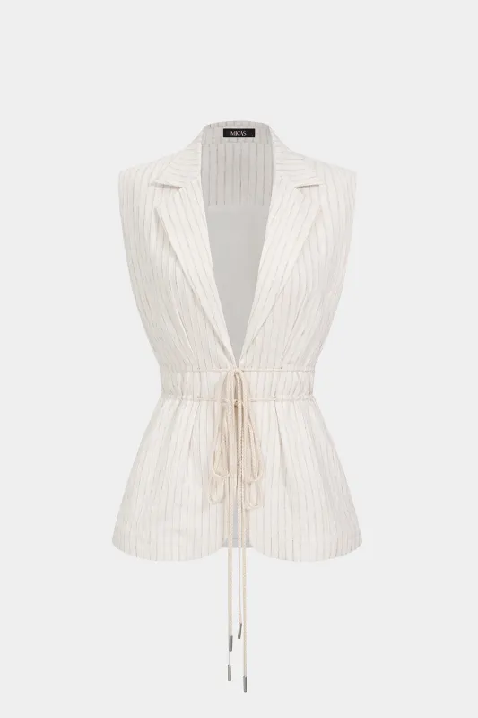 Stripes Print Notched Lapel Drawstring Tie-Up Vest made by Micas