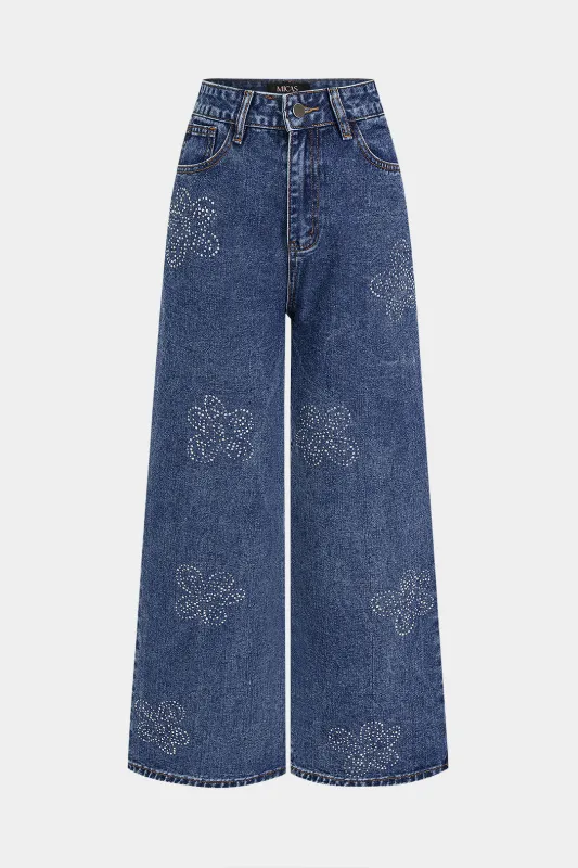 Denim Floral Rhinestone Straight Leg Jeans made by Micas