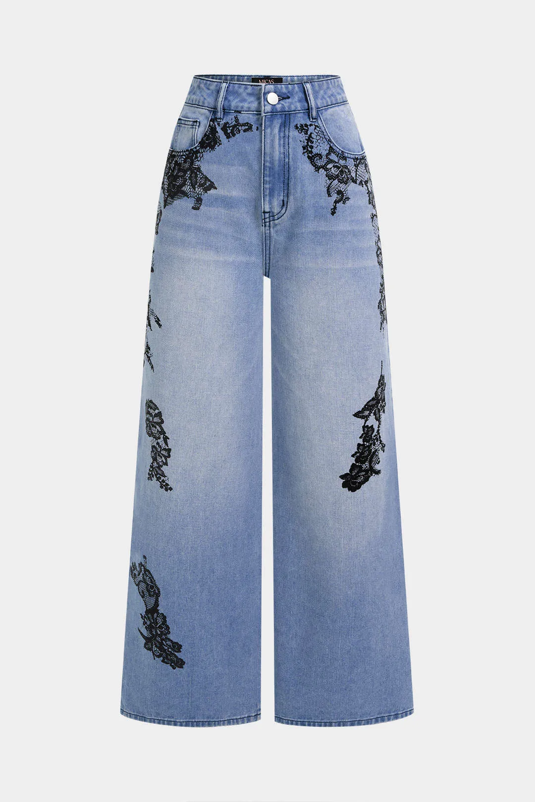 Denim Lace Print Pocket Straight Leg Jeans sold by Micas