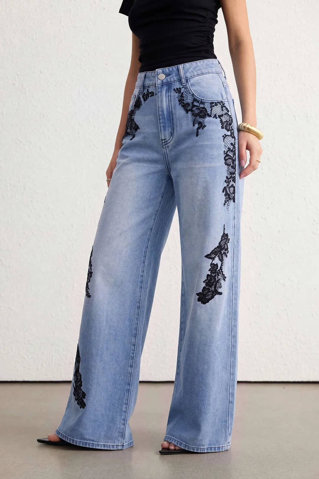 Denim Lace Print Pocket Straight Leg Jeans sold by Micas product image thumbnail 2