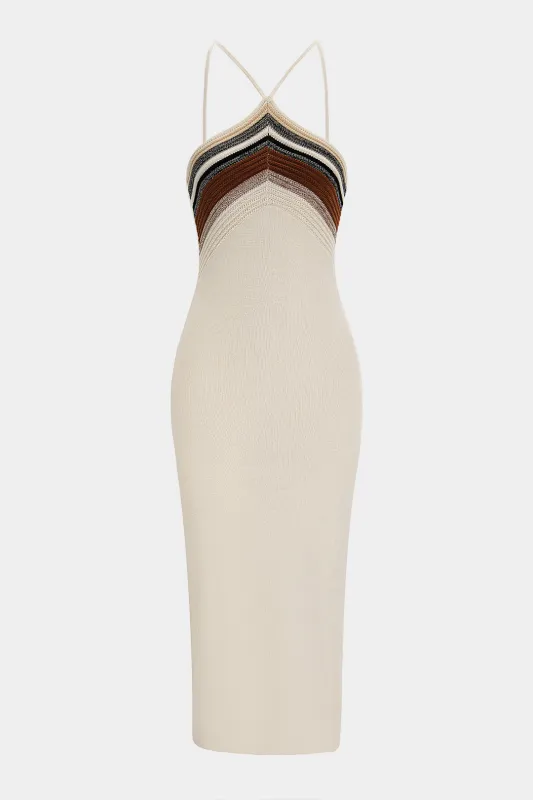 Knit Contrast Stripes Print Slip Backless Sleeveless Midi Dress made by Micas