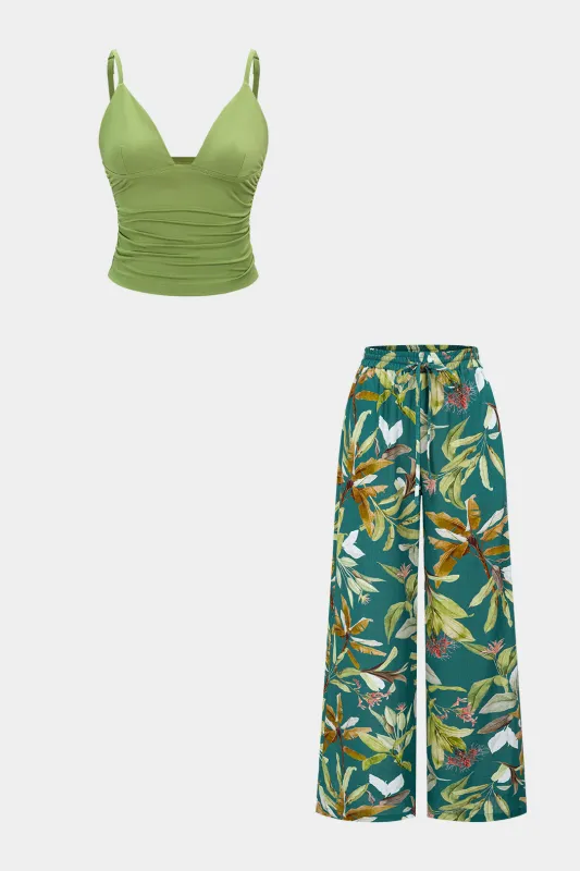V-Neck Ruched Cami Top And Floral Leaves Print Tie-Up Wide Leg Pants Set made by Micas