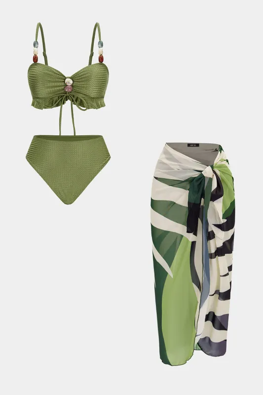 Geometric Print Beaded Tie-Up Bikini Set made by Micas