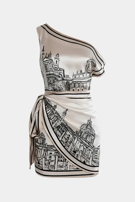 Pattern Print Satin One Shoulder Asymmetrical Tie-Up Sleeveless Midi Dress made by Micas