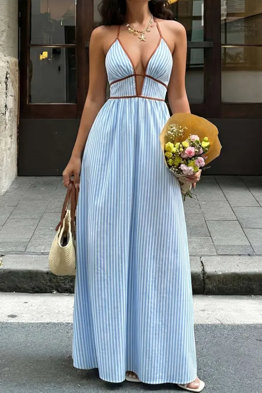 Contrast Stripes Print V-Neck Halter Neck Sleeveless Maxi Dress made by Micas
