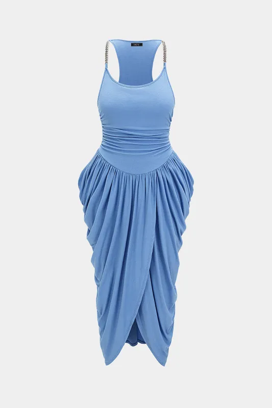 Round Neck Metallic Chain Ruched Midi Dress made by Micas
