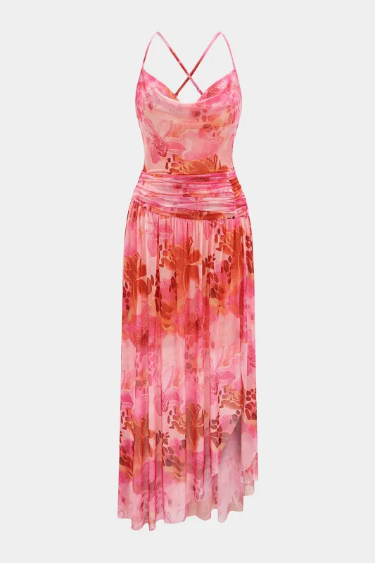 Floral Print Mesh Draped Cowl Neck Crossed Sleeveless Maxi Dress made by Micas