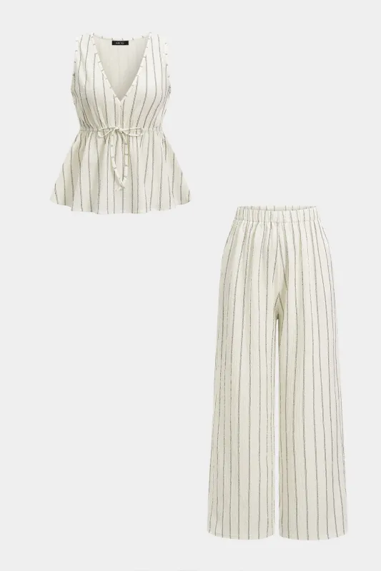 Stripes Print V-Neck Tie-Up Tank Top And High Waist Wide Leg Pants Set made by Micas