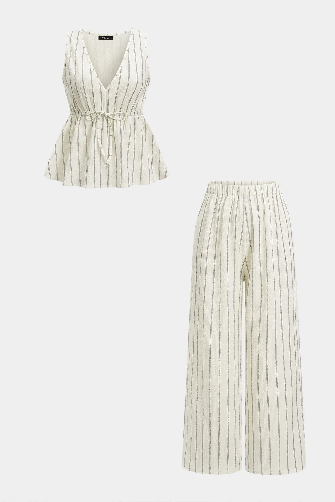 Stripes Print V-Neck Tie-Up Tank Top And High Waist Wide Leg Pants Set sold by Micas