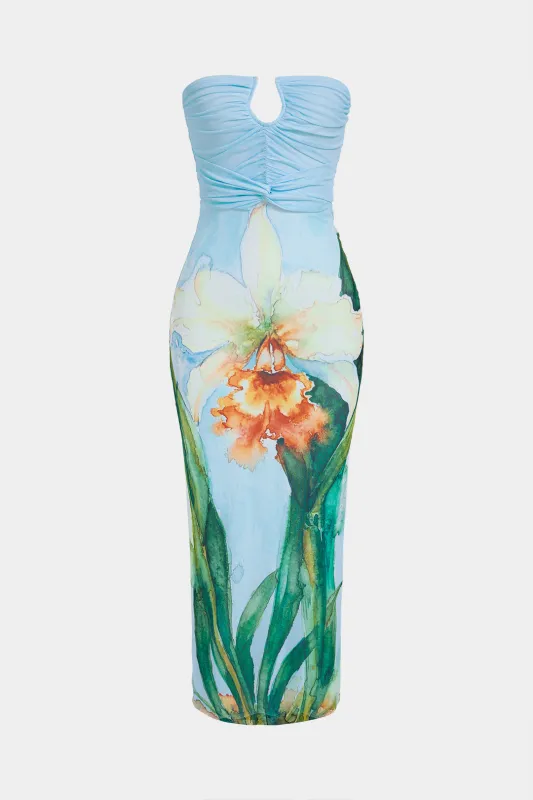 Watercolor Floral Print Mesh Twist Knot Ruched Strapless Sleeveless Maxi Dress made by Micas
