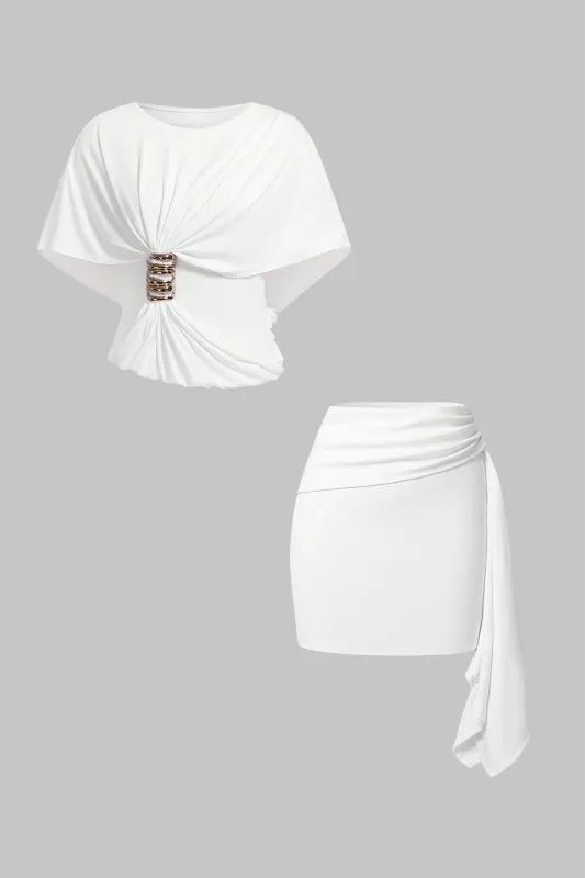 Round Neck Asymmetrical Metal Ring Top And Skirt Set made by Micas