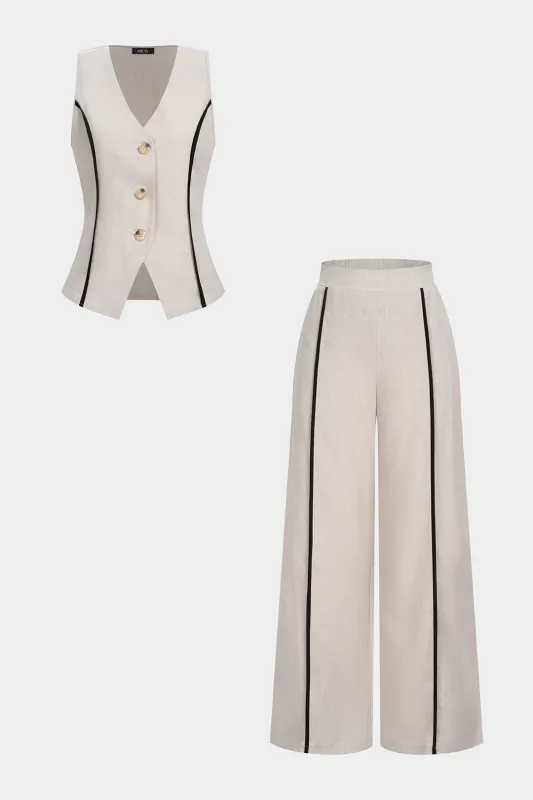 Contrast V-Neck Vest And Wide Leg Pants made by Micas
