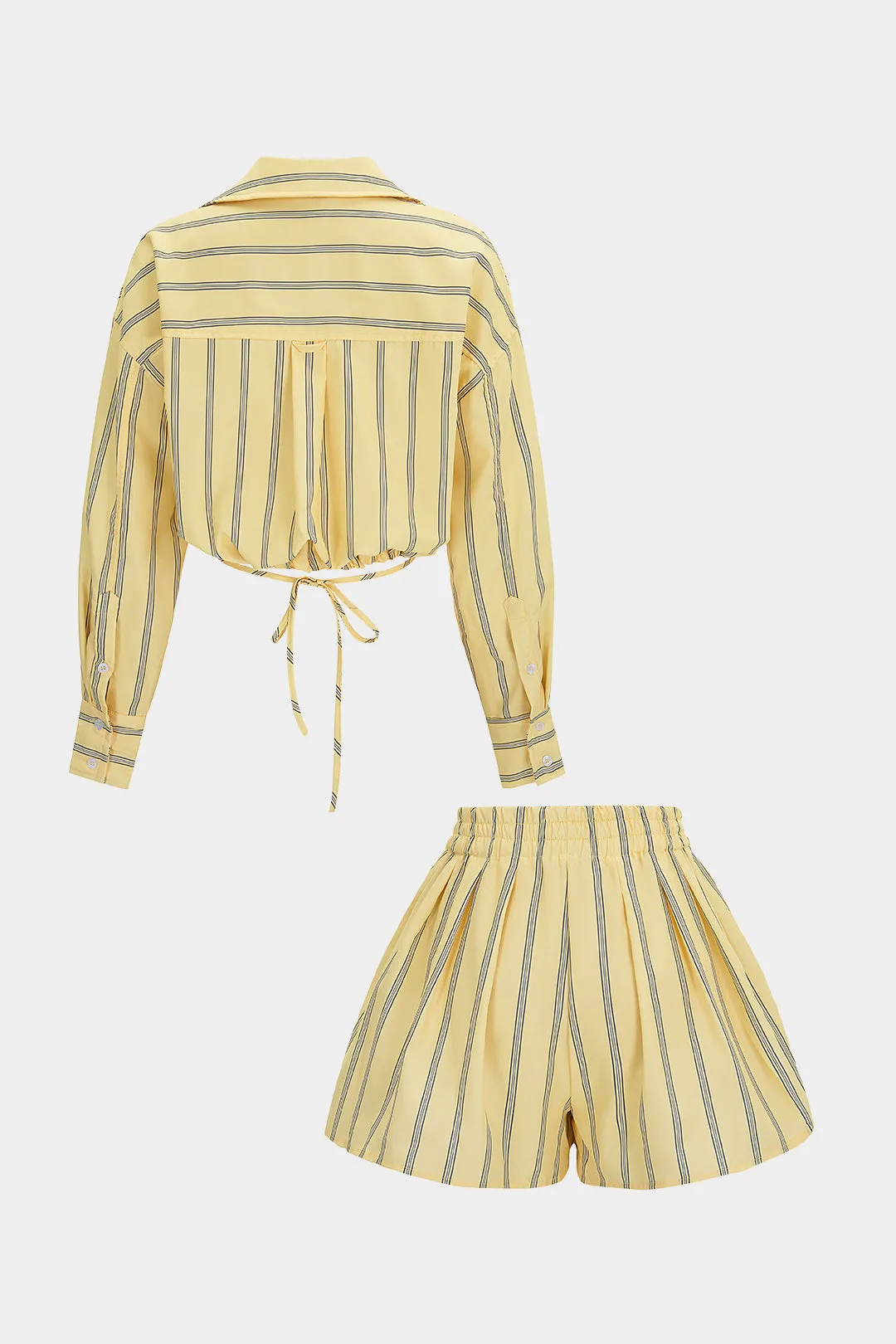 Stripes Print Lapel Long Sleeve Shirt And Wide Leg Shorts Set sold by Micas product image thumbnail 2