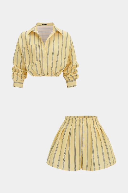 Stripes Print Lapel Long Sleeve Shirt And Wide Leg Shorts Set made by Micas